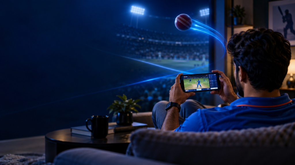 Adult Indian cricket fan watching a live match on mobile with blue stadium lights for Lotus365 Game Blue sports betting blog.