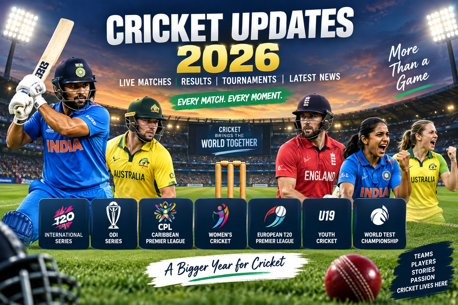 Cricket Updates 2026 featuring international cricket matches, T20 and ODI tournaments, women’s cricket, youth cricket, teams and latest cricket news.