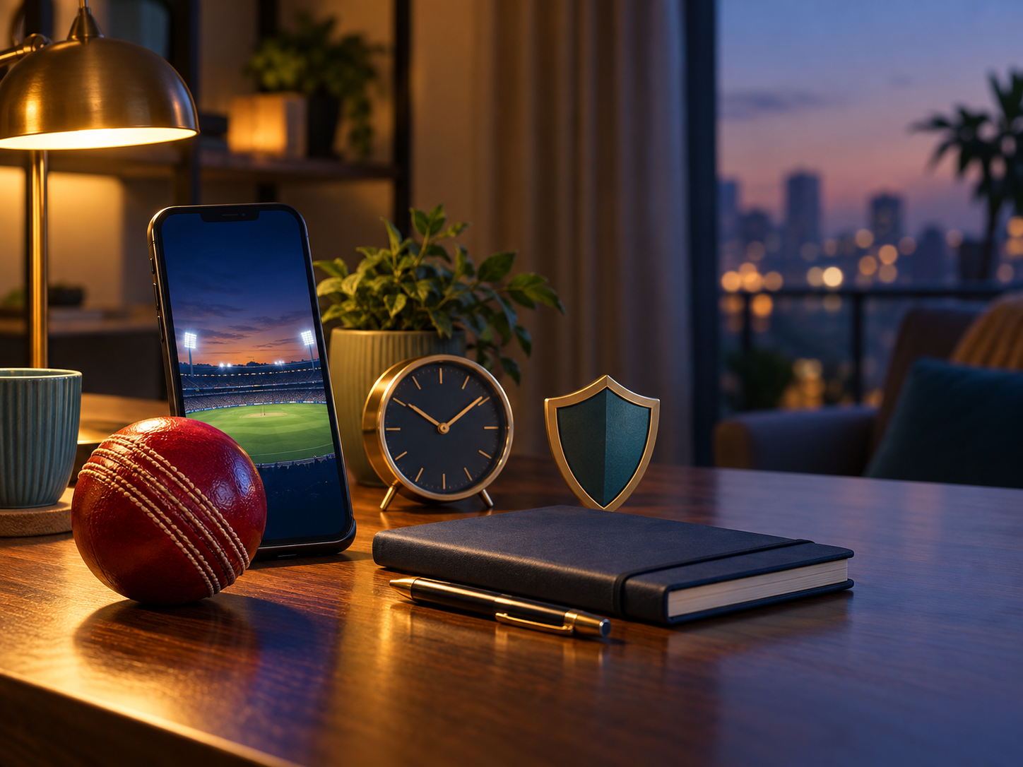 Cricket ball, phone, clock and notebook representing responsible online sports entertainment.