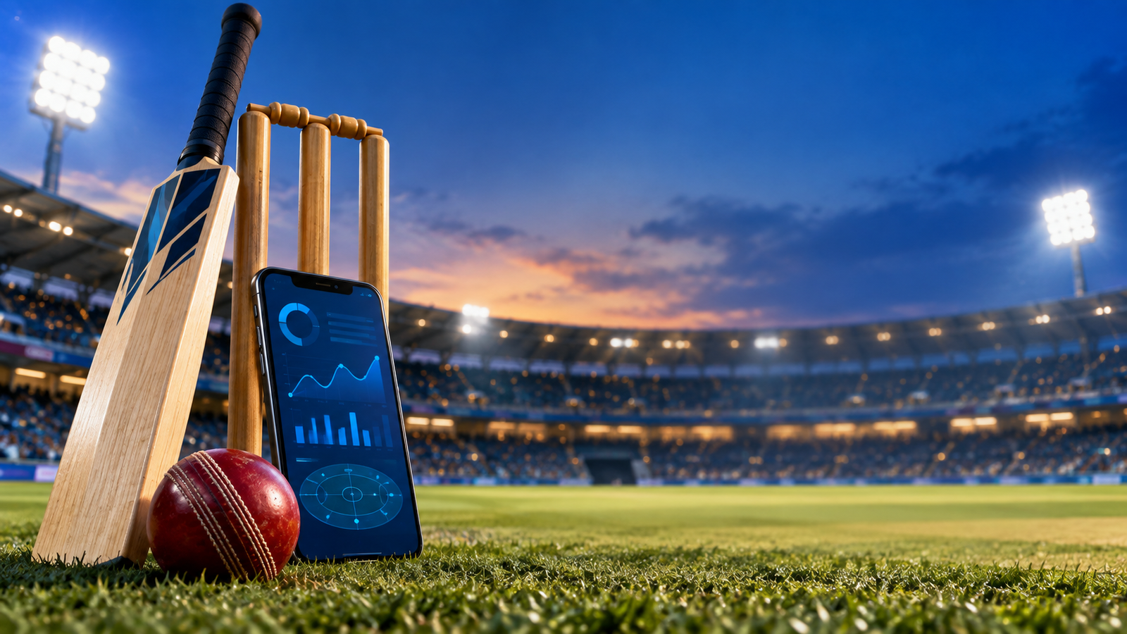 Cricket bat, ball and mobile sports screen in a floodlit stadium for Khelo 24 Bet blog