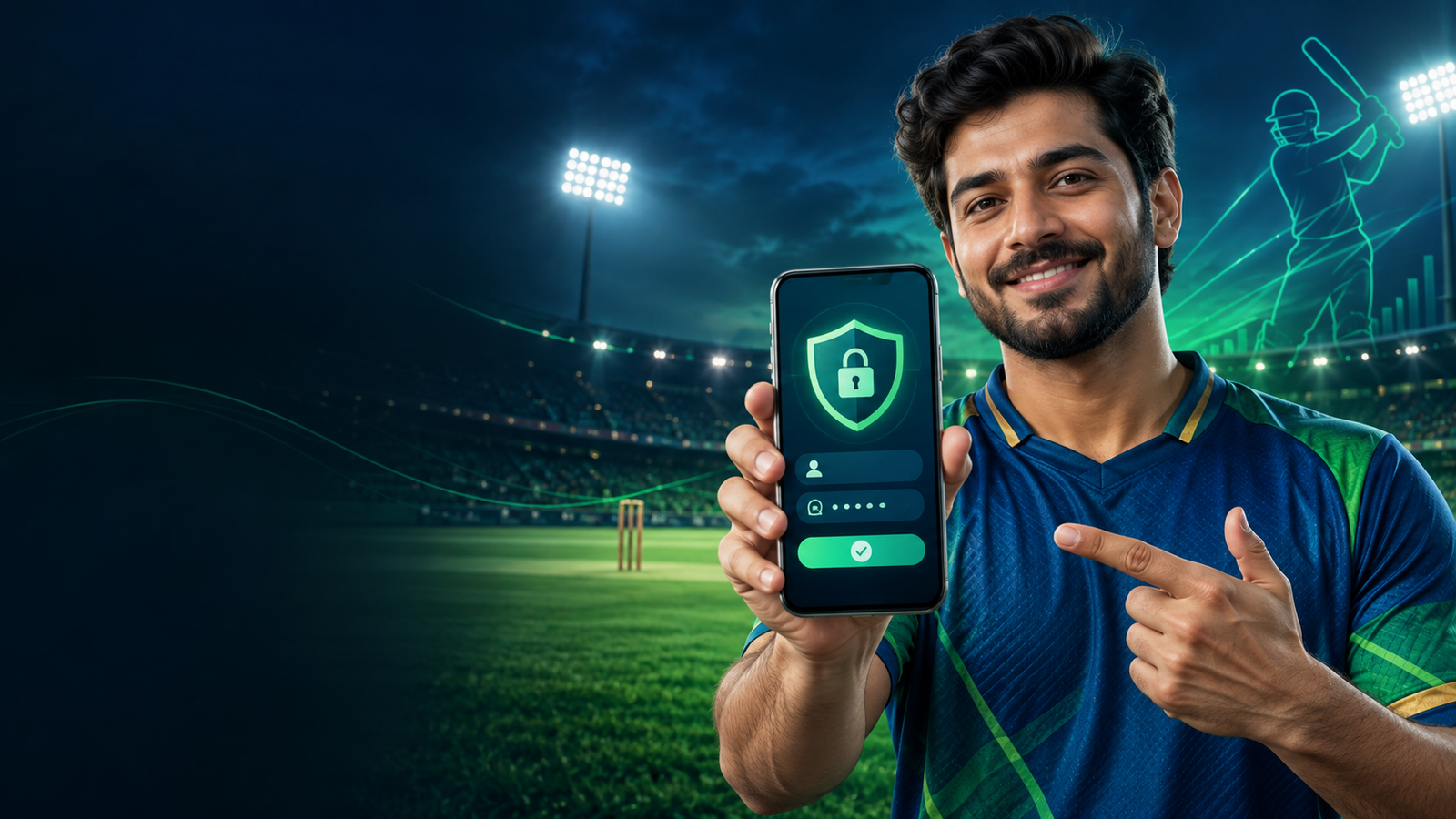 Indian cricket fan using a secure smartphone login at a stadium for Khelo 24 Bet account-access guidance.