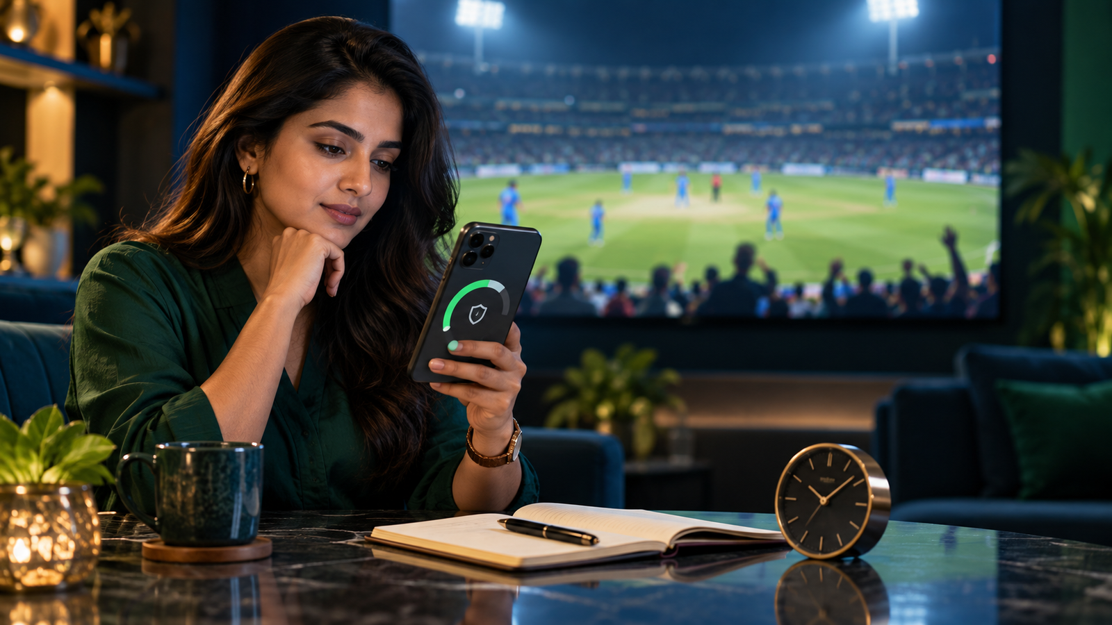 Indian woman reviewing a responsible budget limit on her phone while watching a cricket match.