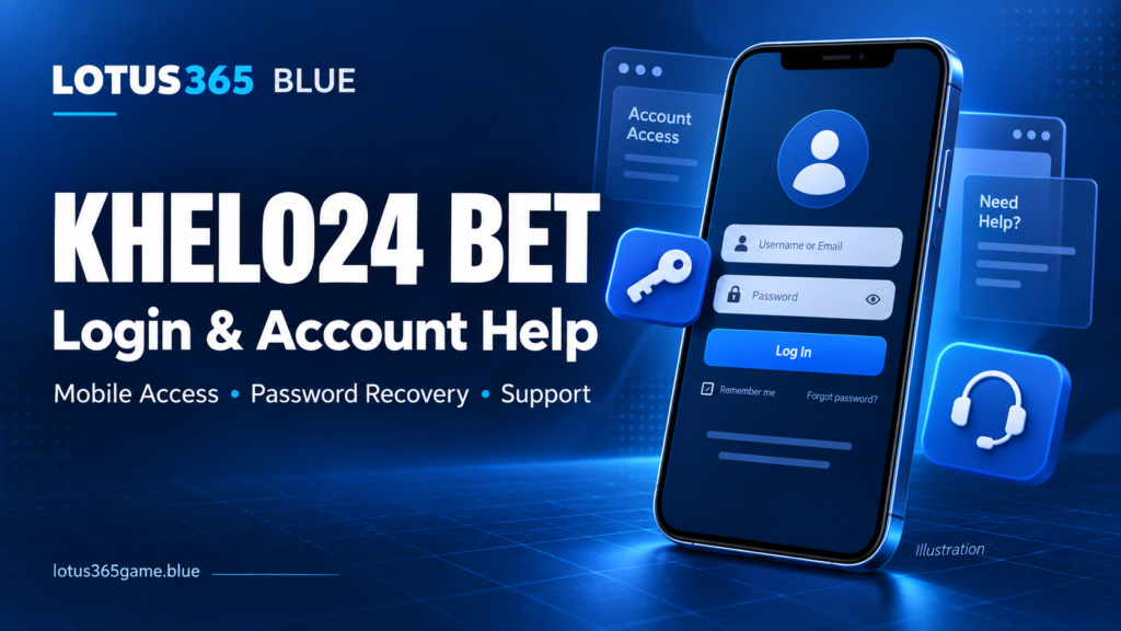 Khelo24 Bet login guide banner featuring a smartphone login illustration, password key and support headset on a blue background.