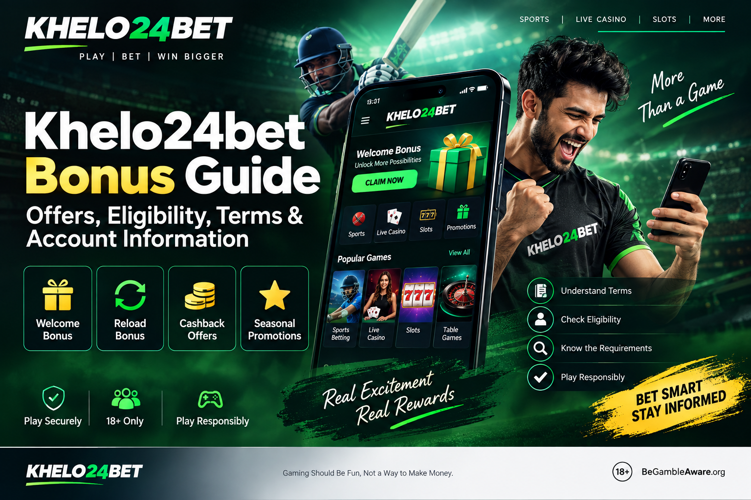 Khelo24bet bonus guide covering offers, eligibility, terms and account information for adults 18+