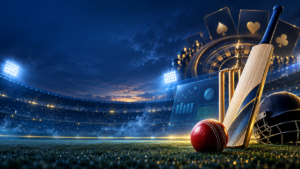 Lotus betting blog banner featuring a cricket stadium, cricket bat and ball, live sports interface, casino cards and roulette wheel in premium blue lighting.