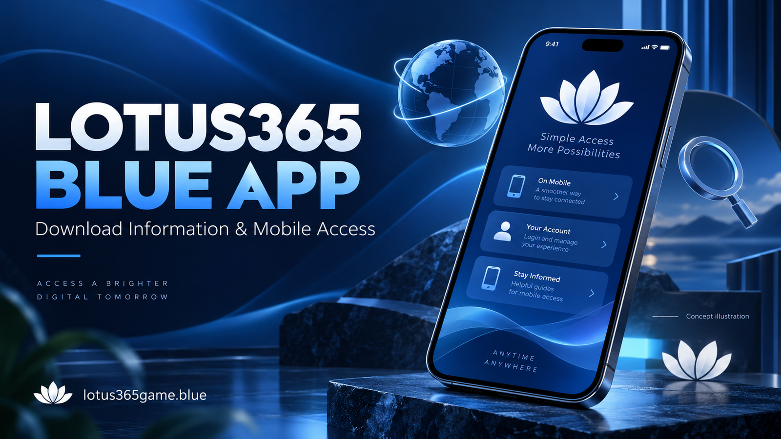Lotus365 Blue app concept showing a smartphone with mobile access and download information on a blue background.