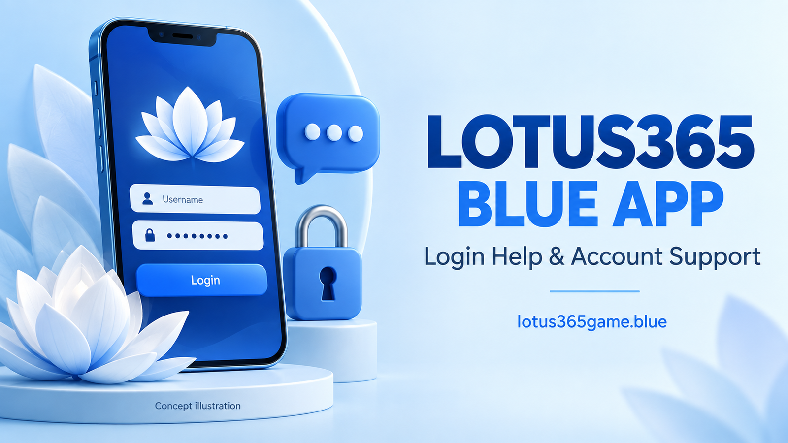 Lotus365 Blue app login concept with username and password fields, a padlock and an account support chat icon.